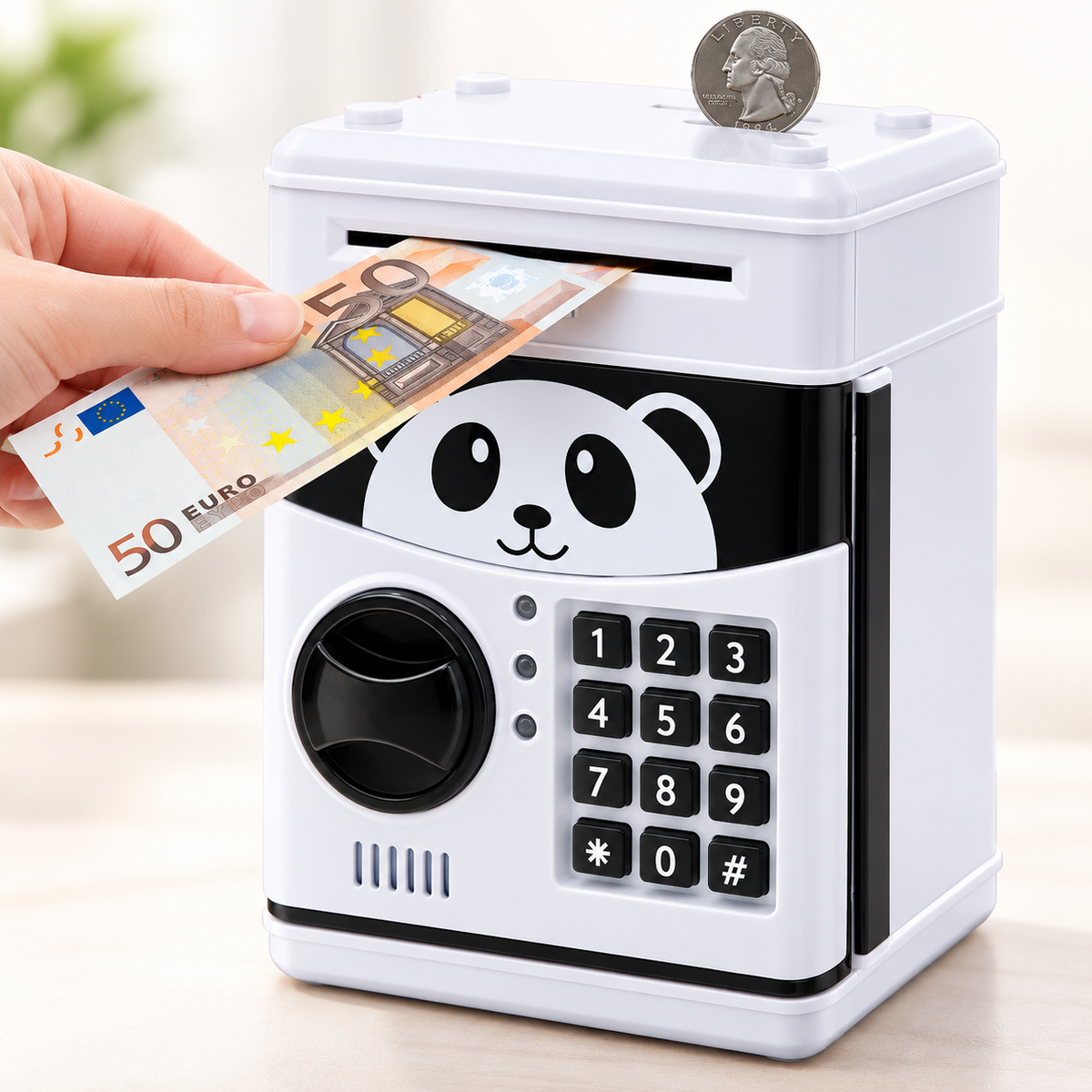 Pușculiță Electronică pentru Copii, Model Panda, Seif cu Parolă Numerică, Slot pentru Bancnote și Monede, Alb-Negru
