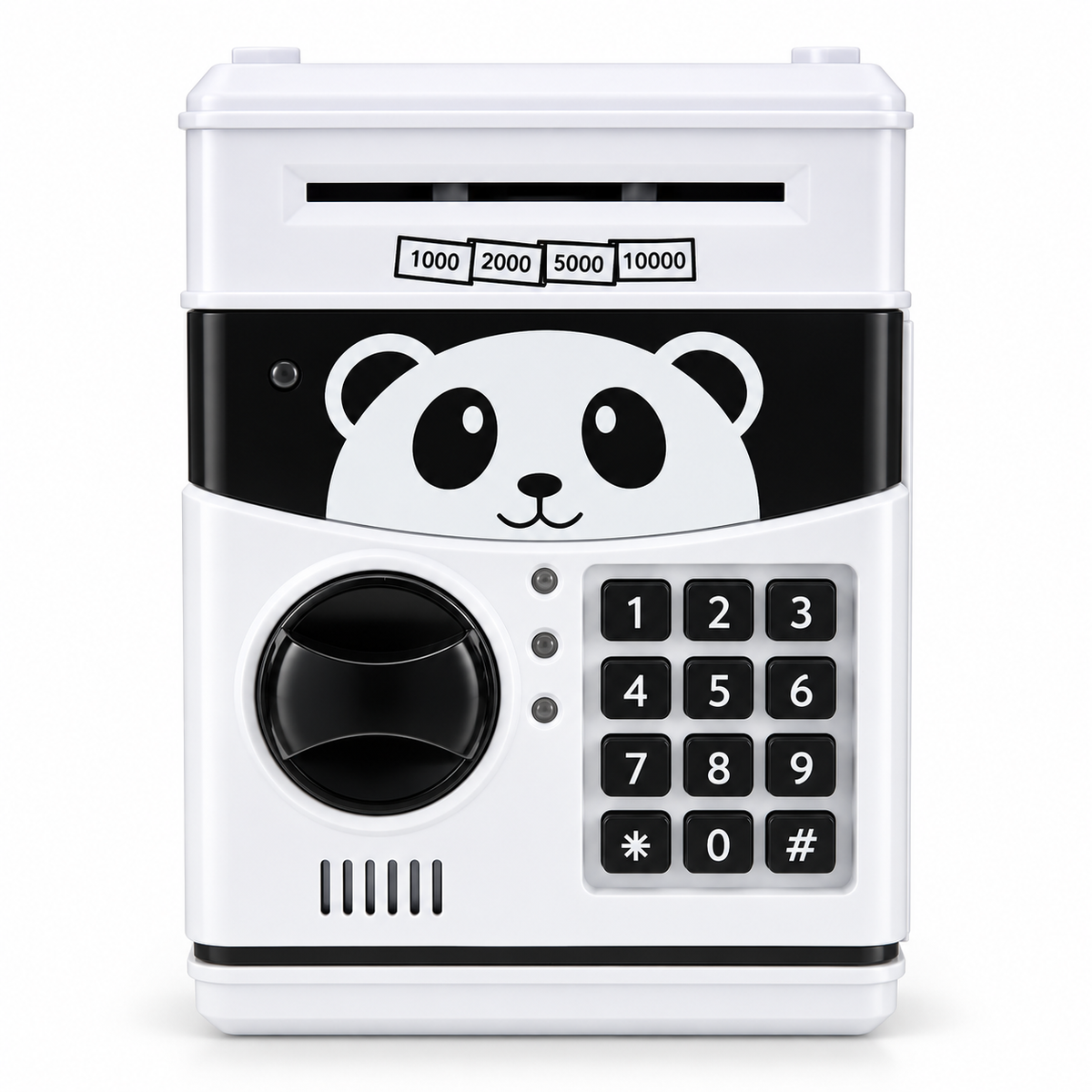 Pușculiță Electronică pentru Copii, Model Panda, Seif cu Parolă Numerică, Slot pentru Bancnote și Monede, Alb-Negru