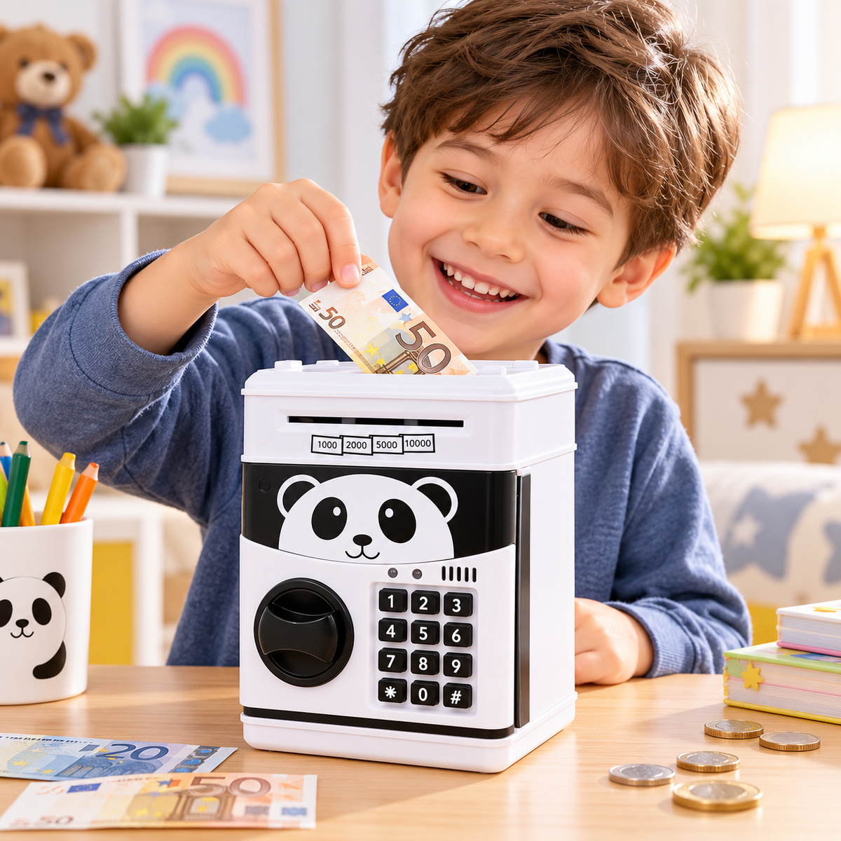 Pușculiță Electronică pentru Copii, Model Panda, Seif cu Parolă Numerică, Slot pentru Bancnote și Monede, Alb-Negru