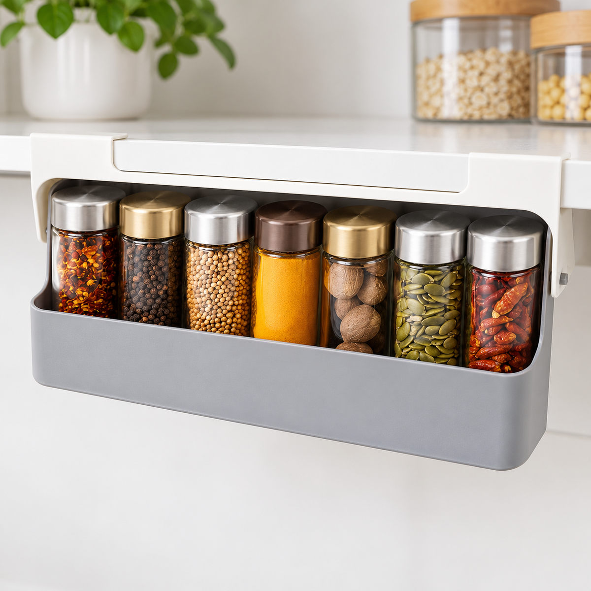 Organizator de Condimente pentru Bucătărie, Montare Sub Raft, Rabatabil, Economisește Spațiu, 32 x 13,5 x 9,3 cm, Alb-Gri