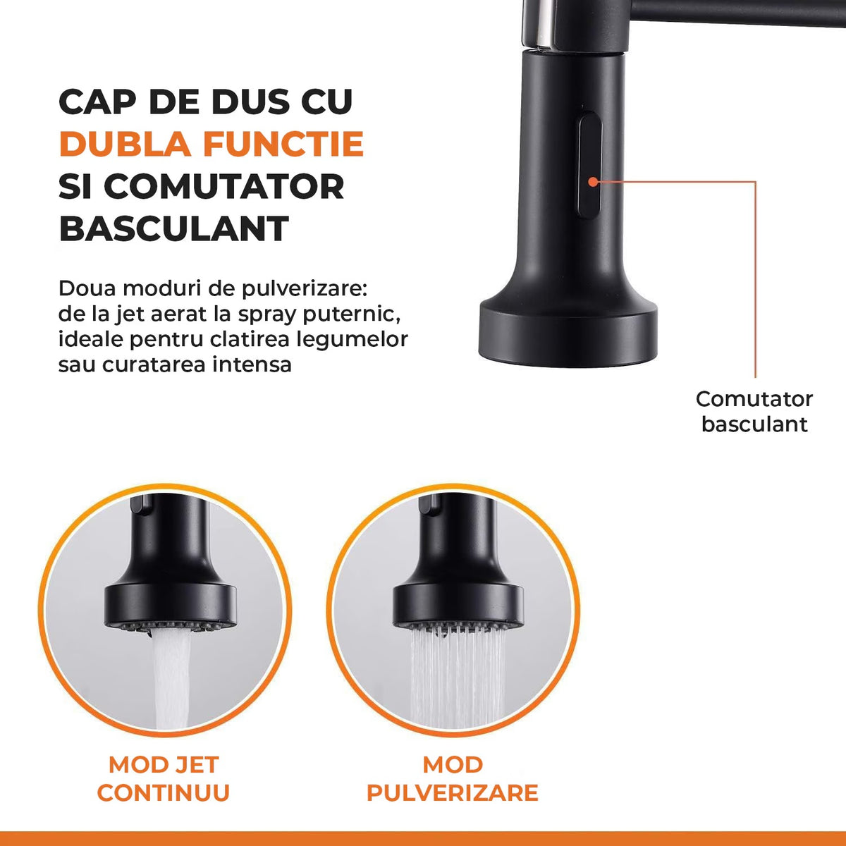 Baterie de bucătărie neagră, cu pipă flexibilă și duș extractabil, 2 moduri de jet, inox, 46 cm