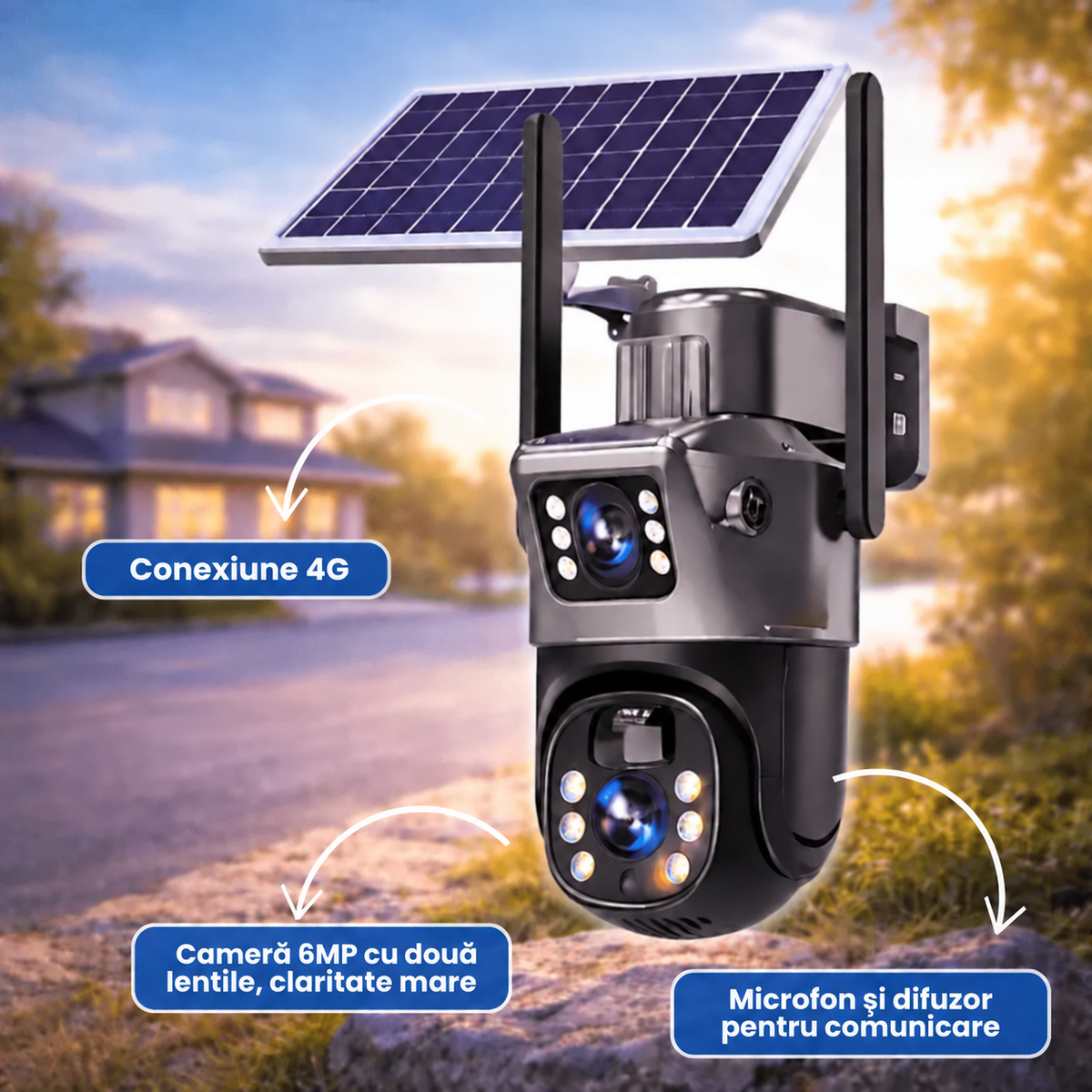 Cameră de Supraveghere Solară 4G 6MP, Lentilă Dublă, Zoom 10X, Rotire 360°, Detectare Mișcare și Vedere Nocturnă