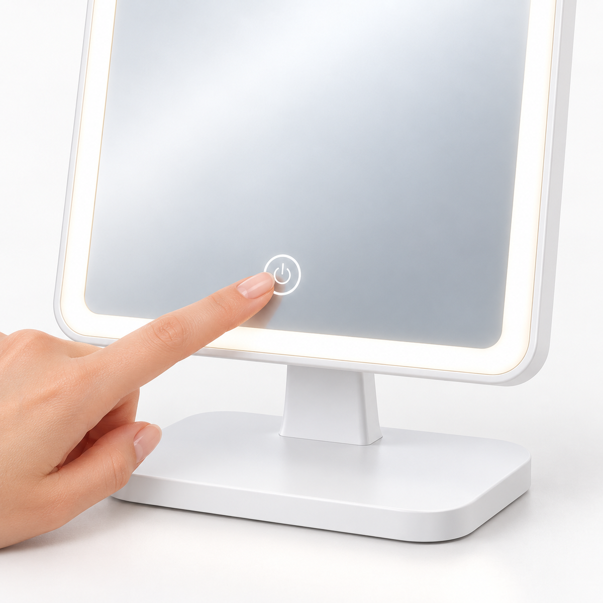 Oglindă cosmetică dreptunghiulară cu LED și control tactil, albă