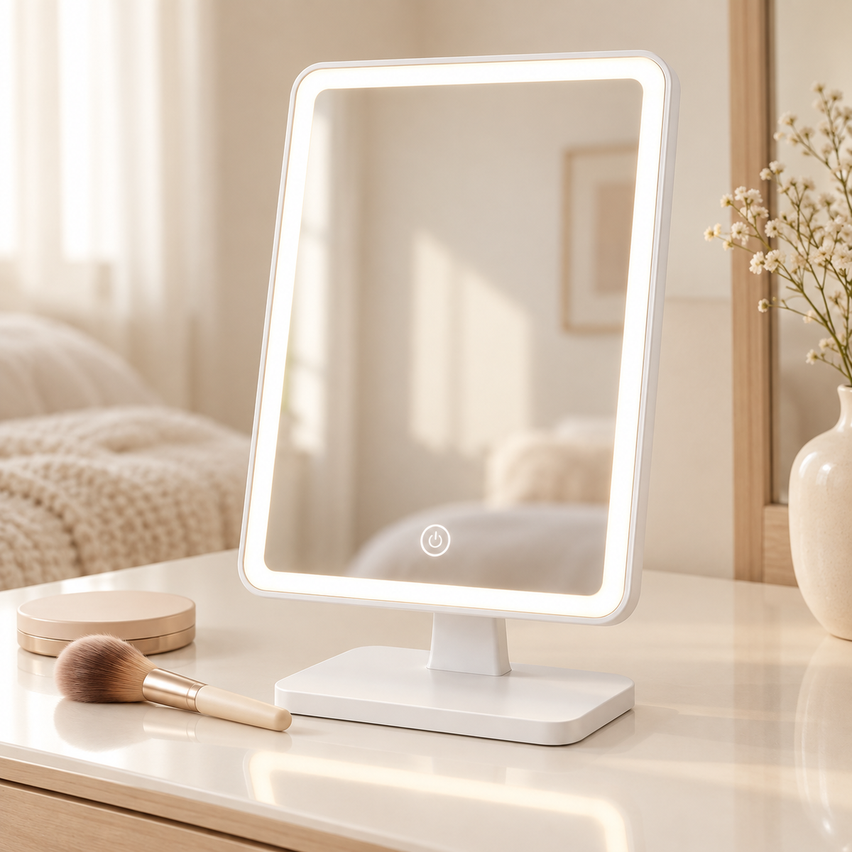 Oglindă cosmetică dreptunghiulară cu LED și control tactil, albă