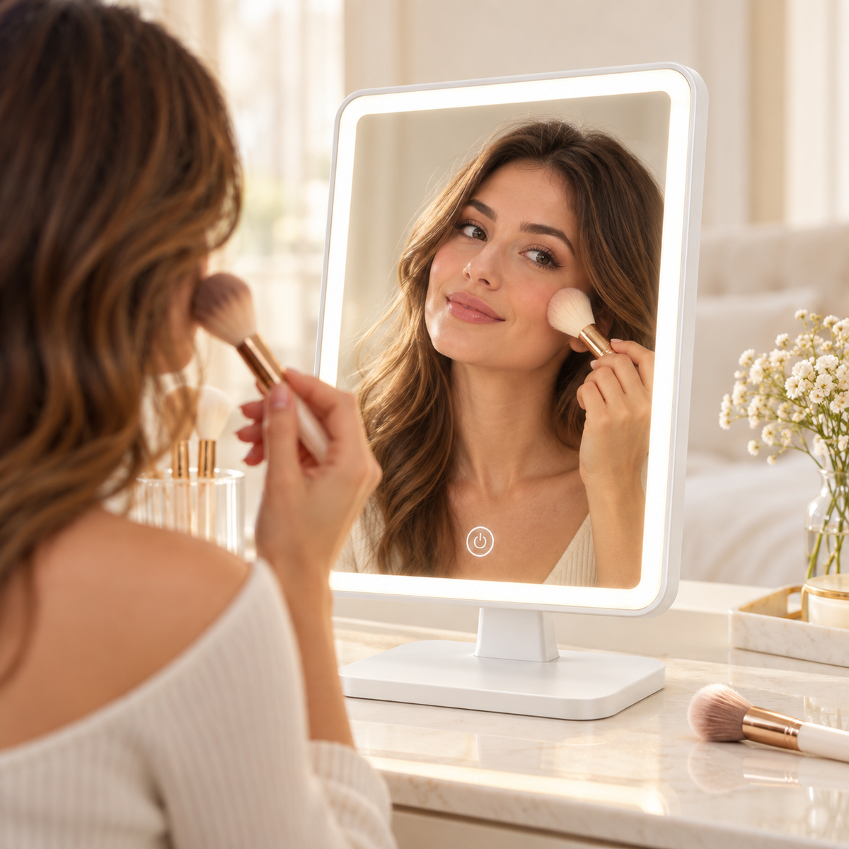 Oglindă cosmetică dreptunghiulară cu LED și control tactil, albă