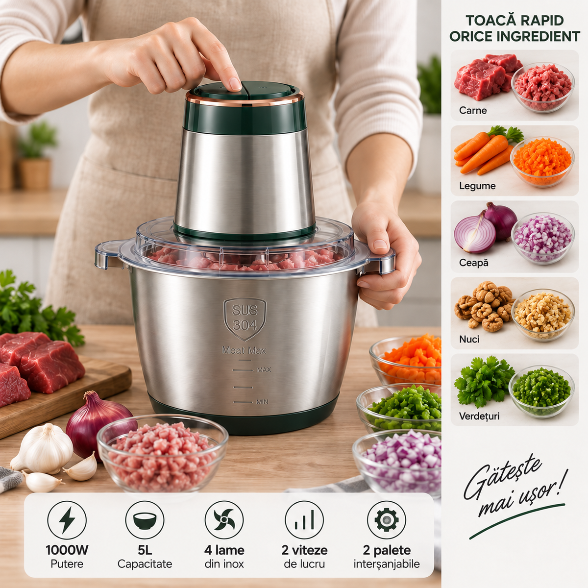 Tocător Electric 1000W, Bol Inox 5L, 4 Lame, 2 Viteze și 2 Palete Interschimbabile