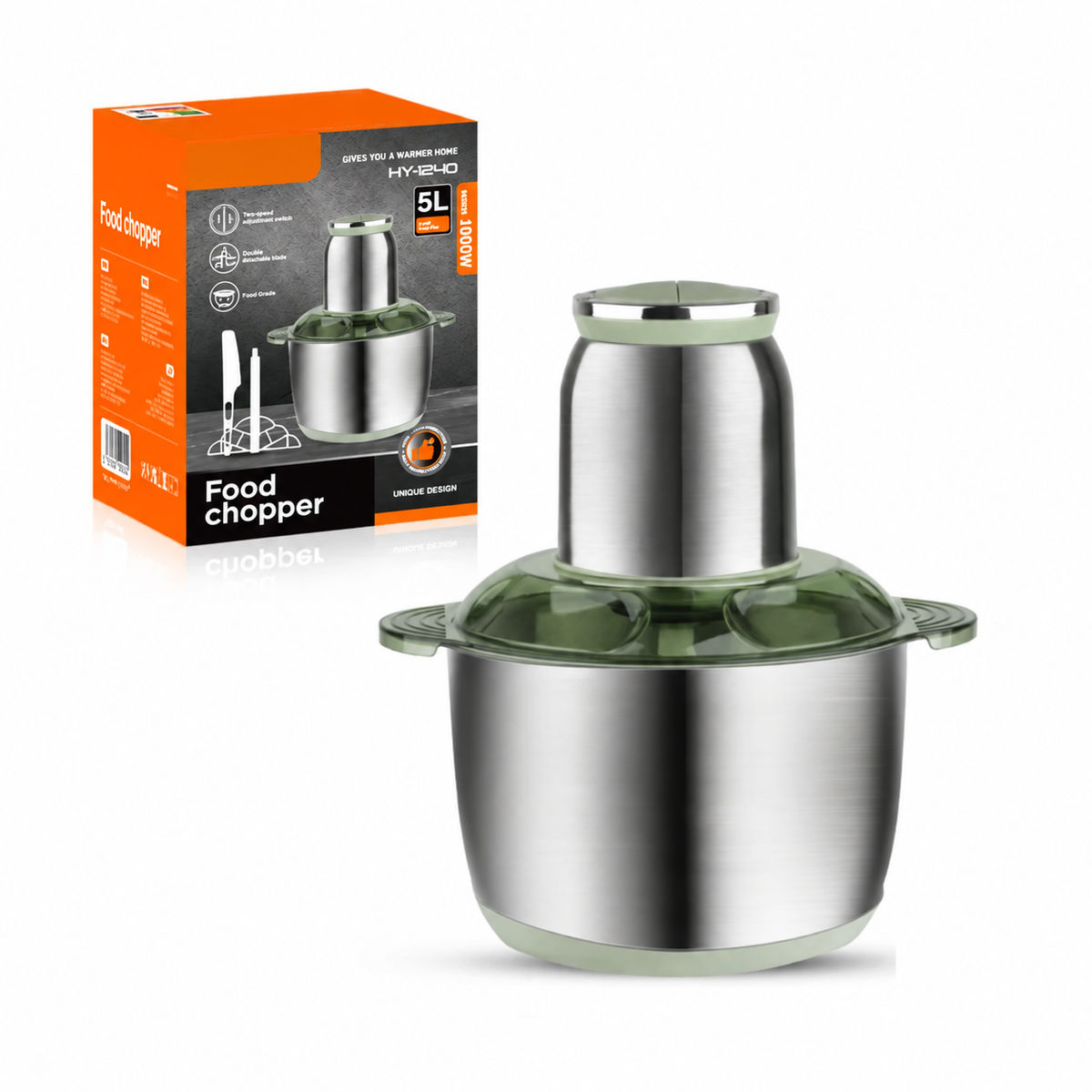Tocător Electric 1000W, Bol Inox 5L, 4 Lame, 2 Viteze și 2 Palete Interschimbabile