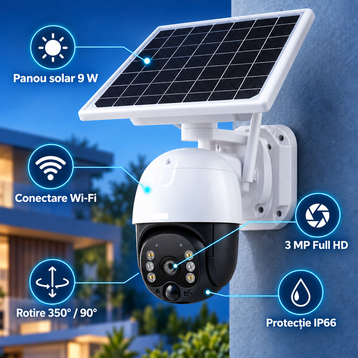 Cameră de supraveghere solară Wi-Fi, cu senzor de mișcare și vedere nocturnă