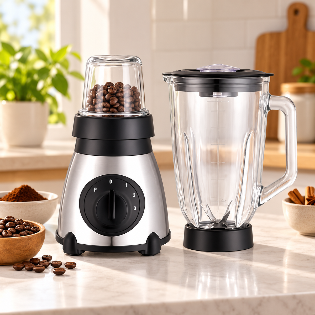 Blender 2 în 1, 450W, Bol din Sticlă 1,5L, 3 Viteze și Funcție Pulse, Râșniță Inclusă – Inox/Negru