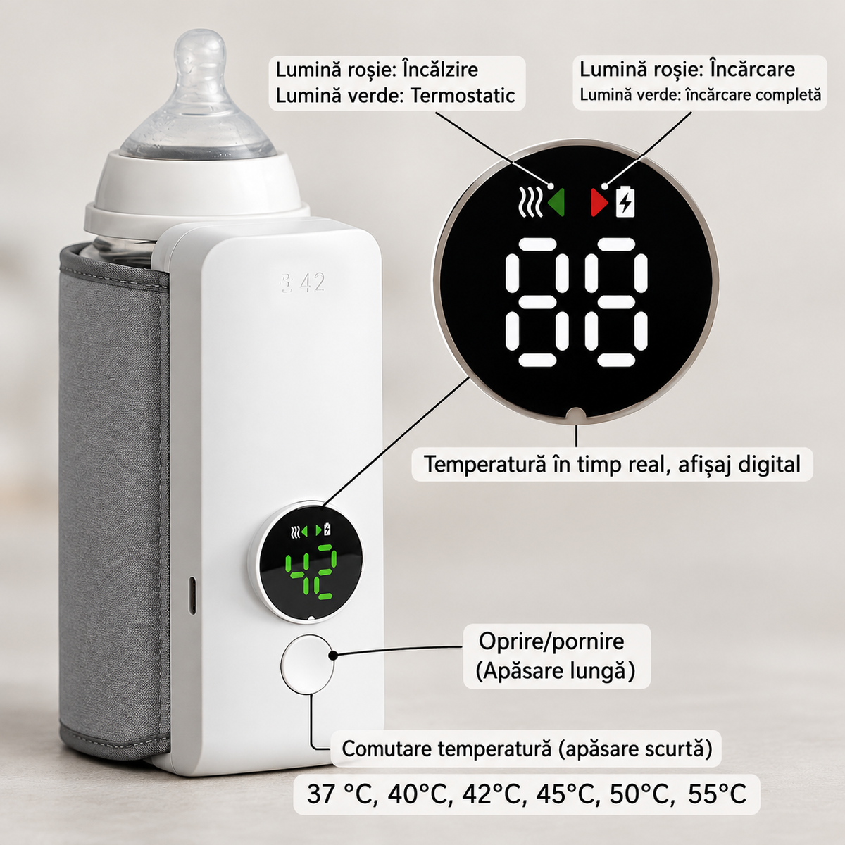 Încălzitor portabil pentru biberoane, 6 trepte de temperatură 37–55°C, afișaj digital, încărcare USB, alb-gri
