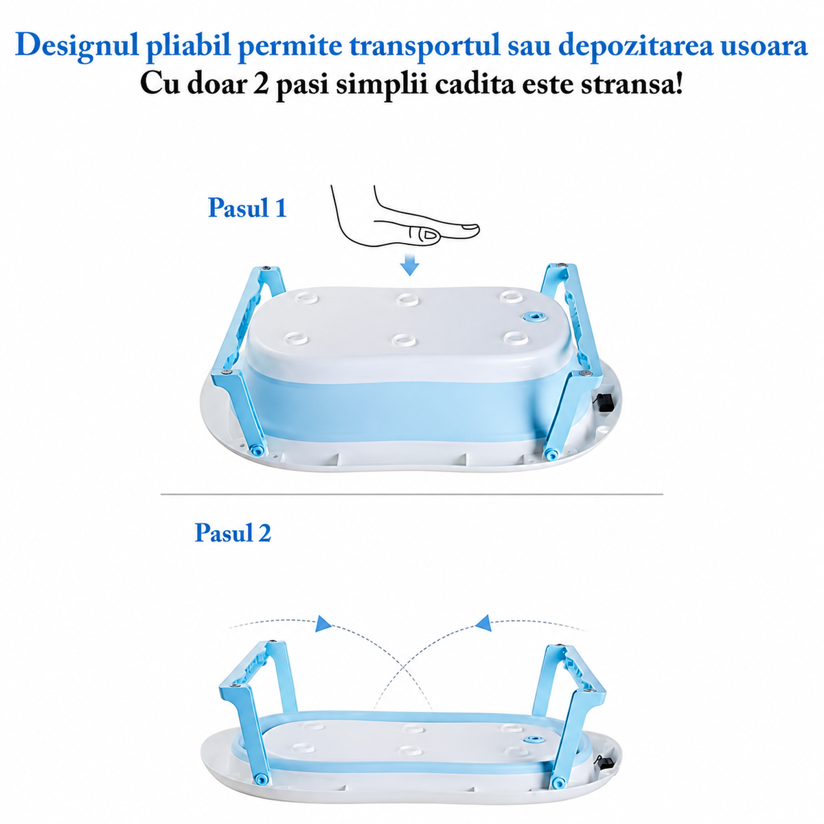 Cădiță pliabilă pentru bebeluși, cu pernuță și termometru electronic, 80 × 50 × 20 cm, alb/albastru