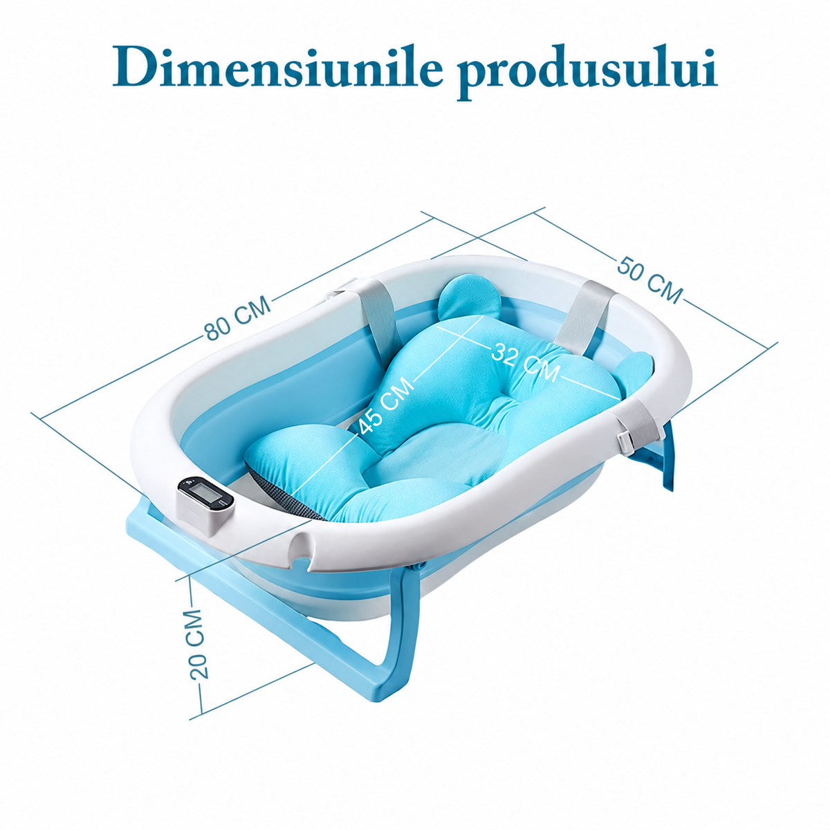 Cădiță pliabilă pentru bebeluși, cu pernuță și termometru electronic, 80 × 50 × 20 cm, alb/albastru