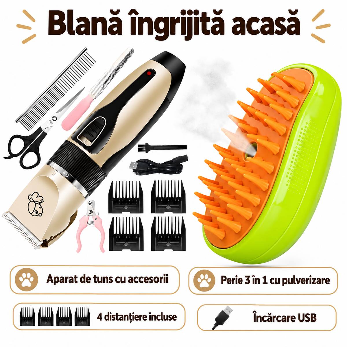 Pachet Blană Îngrijită Acasă – Mașină de Tuns Animale Fără Fir cu  Accesorii + Perie 3 în 1 cu Pulverizare