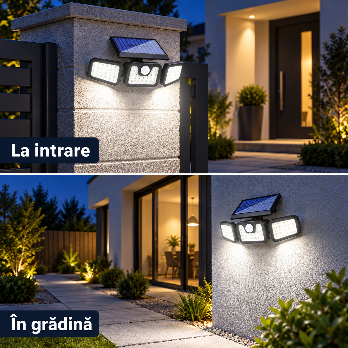 Pachet 2 lămpi solare LED pentru exterior, 74 LED-uri fiecare, 3 spoturi reglabile, senzor de mișcare și 3 moduri de iluminare