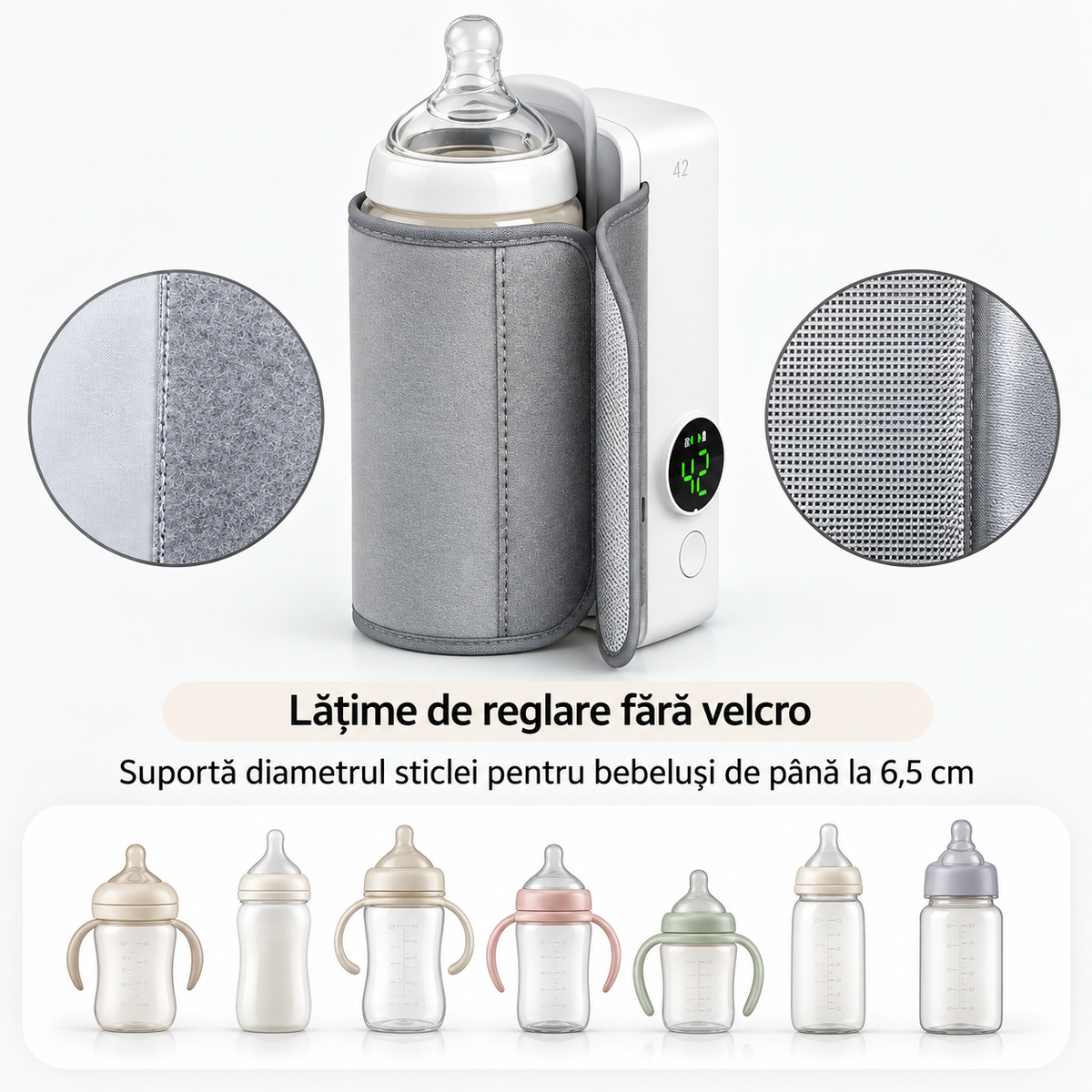 Încălzitor portabil pentru biberoane, 6 trepte de temperatură 37–55°C, afișaj digital, încărcare USB, alb-gri