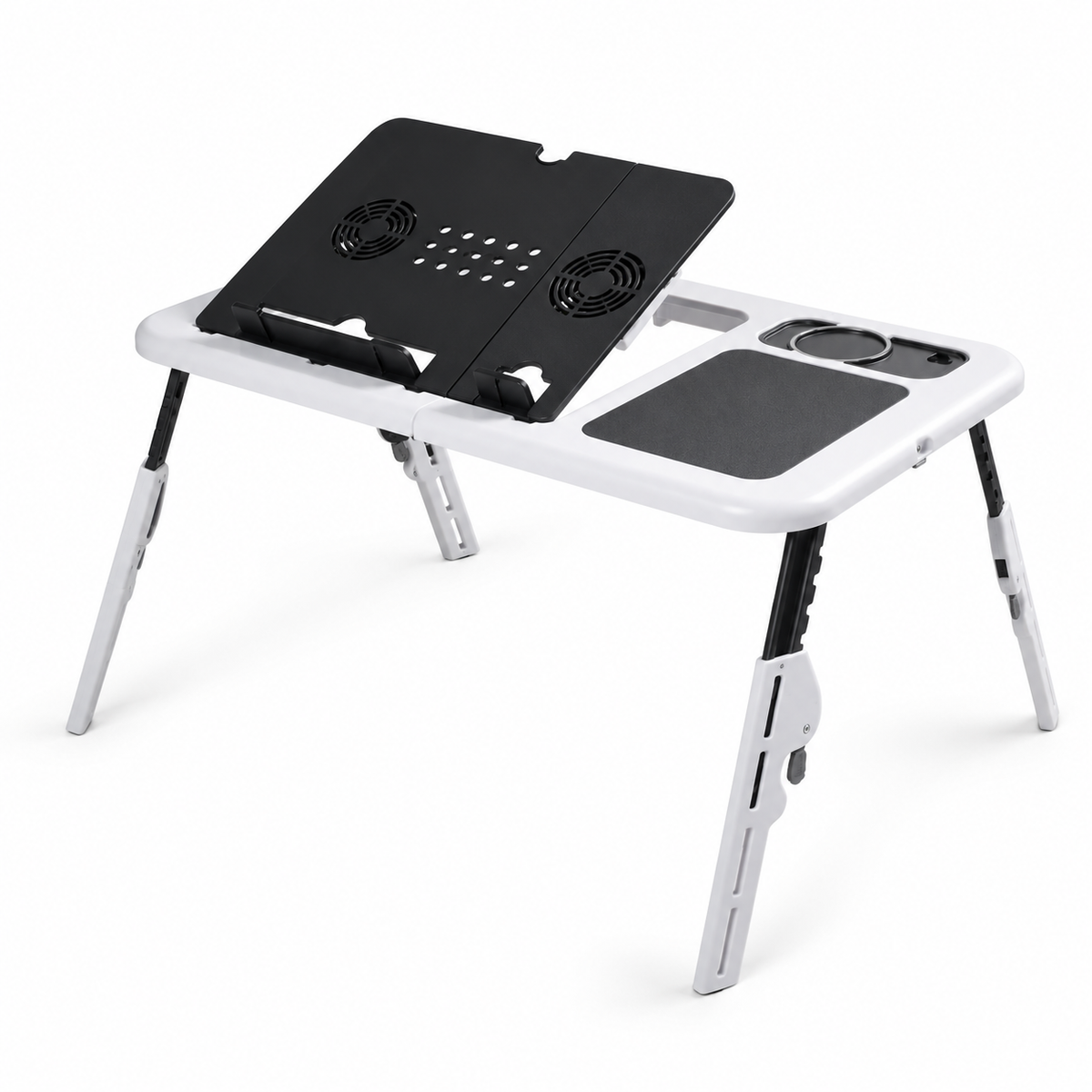 Masă pentru laptop cu 2 ventilatoare de răcire, suport pentru pahar și mouse pad, alb-negru