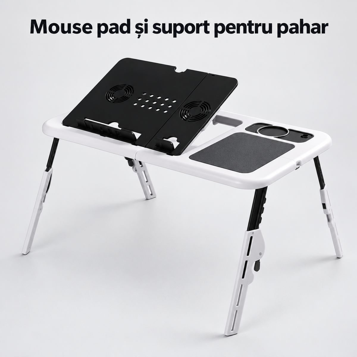 Masă pentru laptop cu 2 ventilatoare de răcire, suport pentru pahar și mouse pad, alb-negru