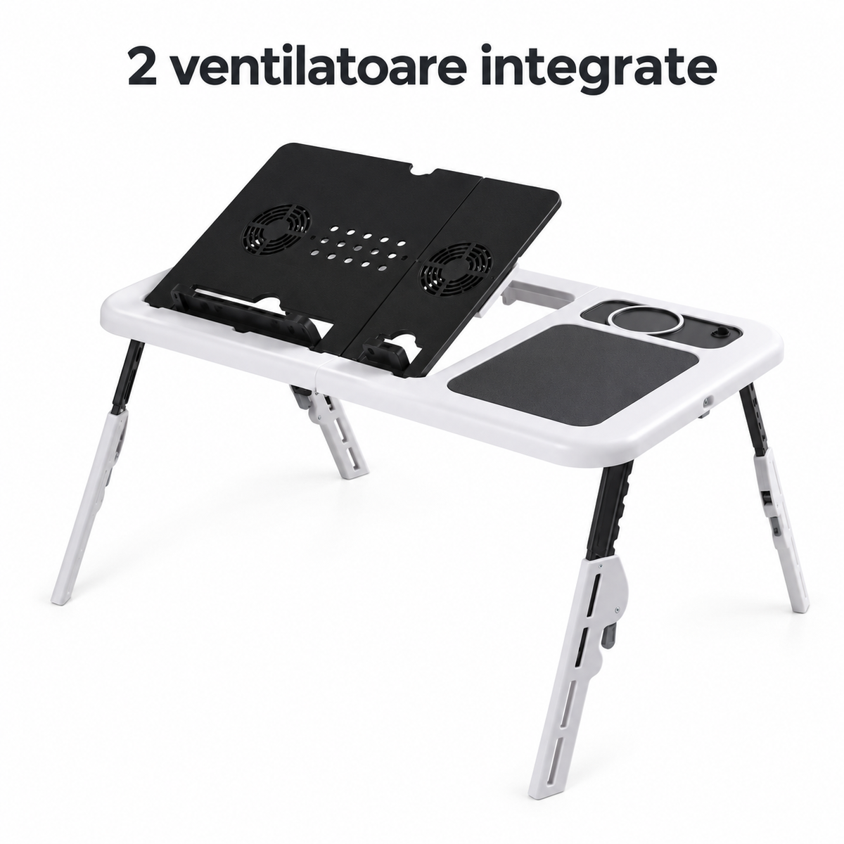 Masă pentru laptop cu 2 ventilatoare de răcire, suport pentru pahar și mouse pad, alb-negru