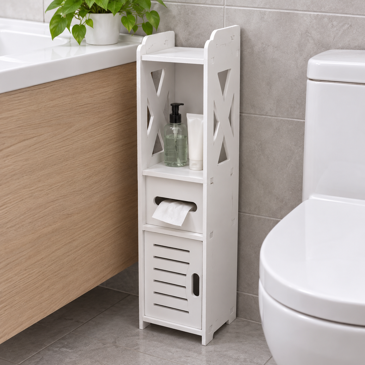 Dulap îngust pentru baie, 80 × 20 × 18 cm, din PVC, cu rafturi și compartiment pentru șervețele, alb