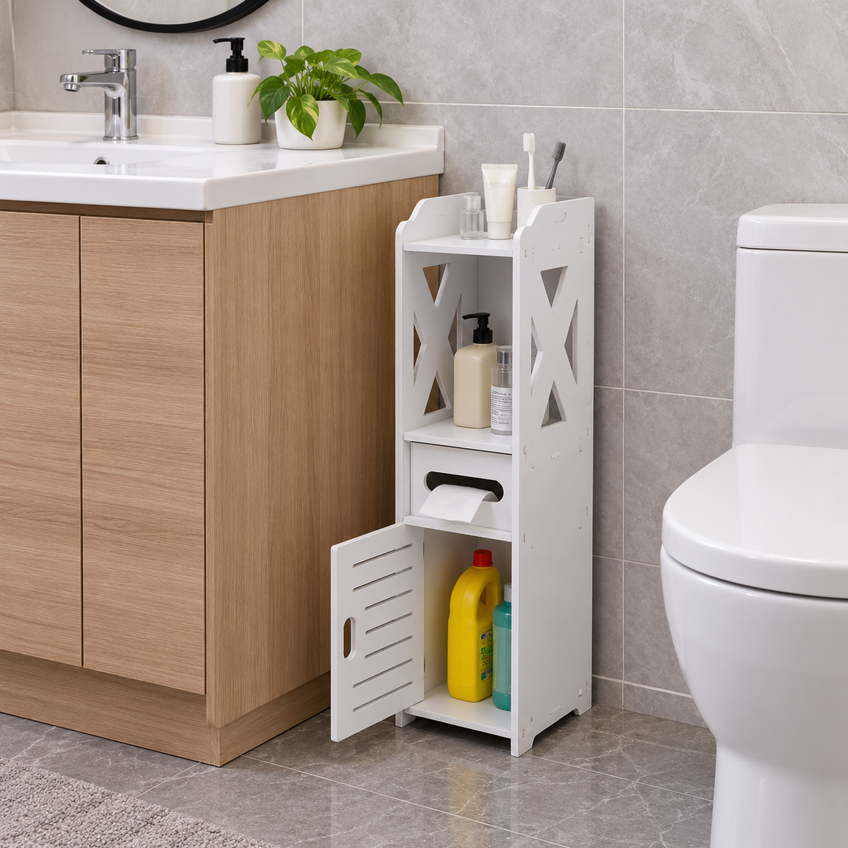 Dulap îngust pentru baie, 80 × 20 × 18 cm, din PVC, cu rafturi și compartiment pentru șervețele, alb