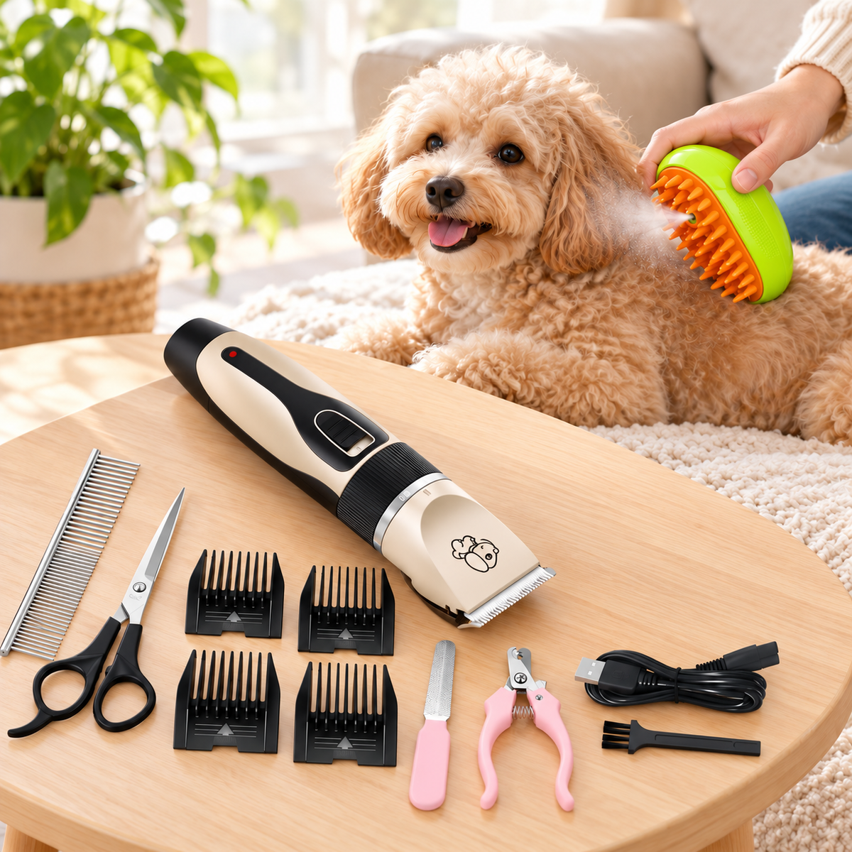 Pachet Blană Îngrijită Acasă – Mașină de Tuns Animale Fără Fir cu  Accesorii + Perie 3 în 1 cu Pulverizare