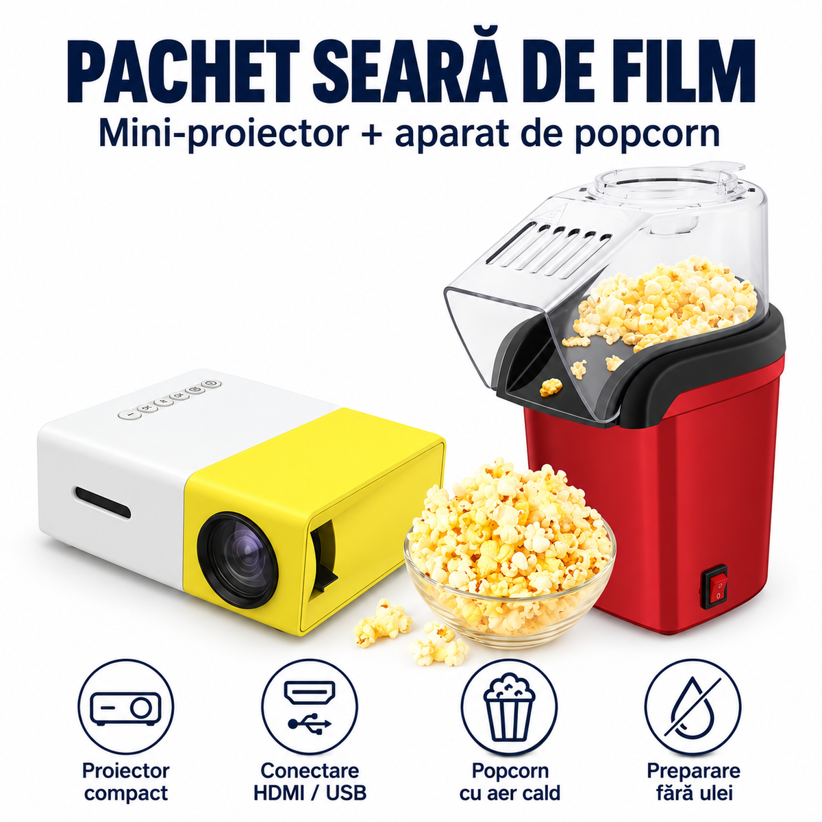 Pachet Seară de Film Acasă – Mini-proiector LED cu HDMI și USB + Aparat de Popcorn cu Aer Cald, Fără Ulei