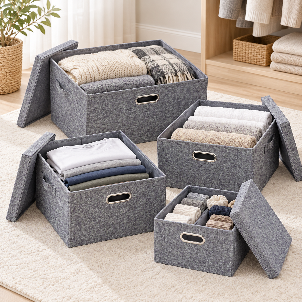 Set 4 cutii de depozitare pliabile cu capac și mânere, finisaj textil gri/negru, dimensiuni diferite