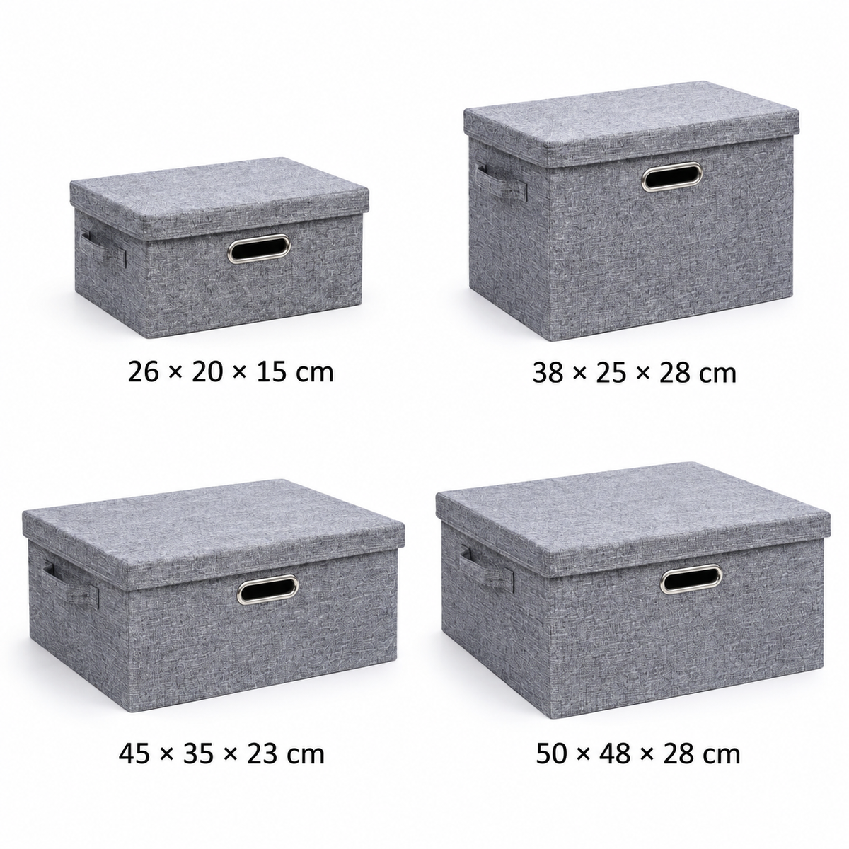 Set 4 cutii de depozitare pliabile cu capac și mânere, finisaj textil gri/negru, dimensiuni diferite