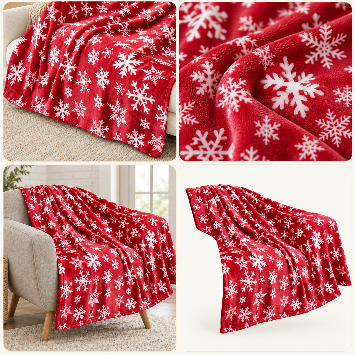 Pătură de Crăciun din fleece, 100 × 70 cm, roșie cu fulgi albi, moale și pufoasă