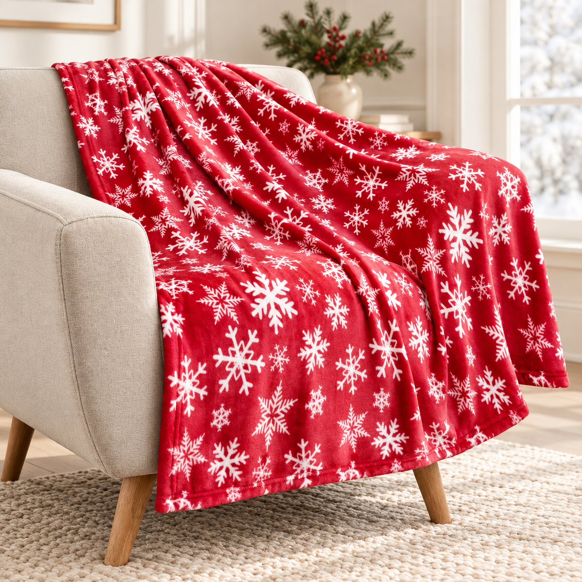 Pătură de Crăciun din fleece, 100 × 70 cm, roșie cu fulgi albi, moale și pufoasă