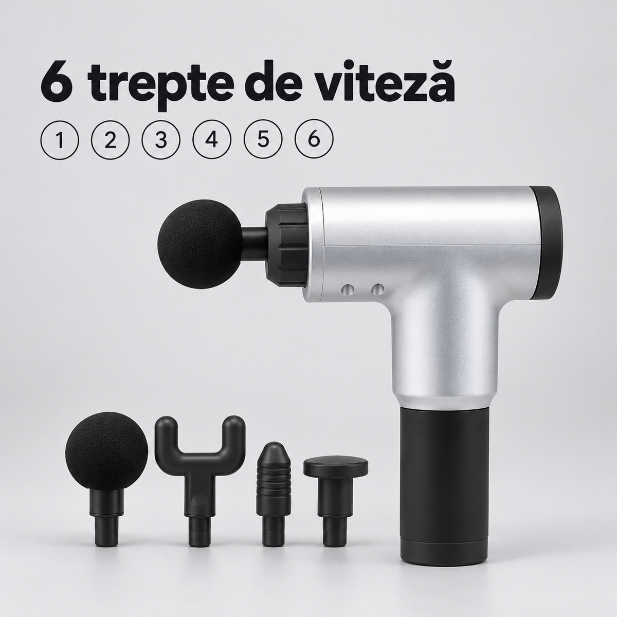 Aparat de masaj corporal cu vibrații, 4 capete, 6 trepte de viteză, alb-negru