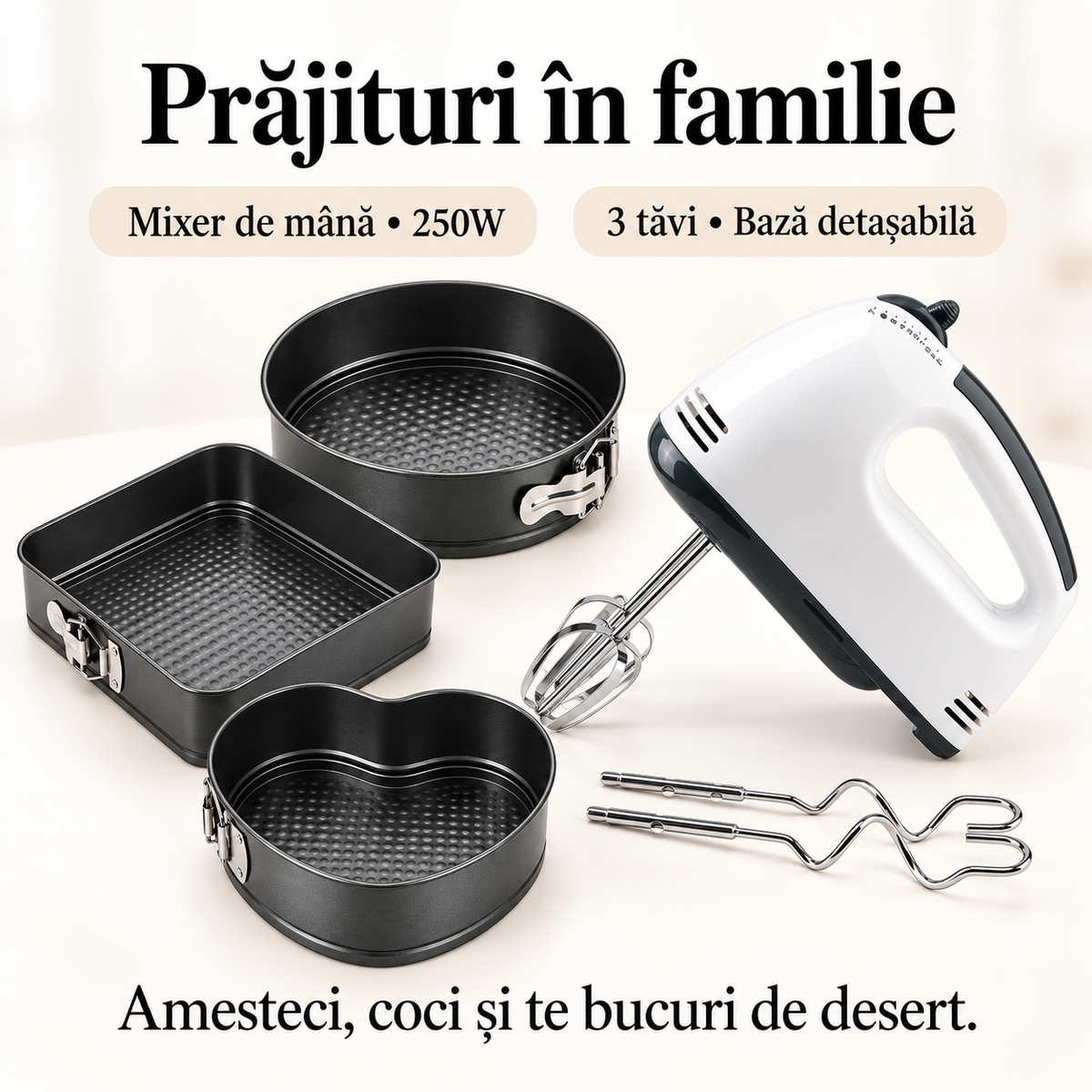 Pachet Prăjituri în Familie – Mixer de Mână 250W cu Accesorii și Cutie de Depozitare + Set 3 Tăvi cu Bază Detașabilă