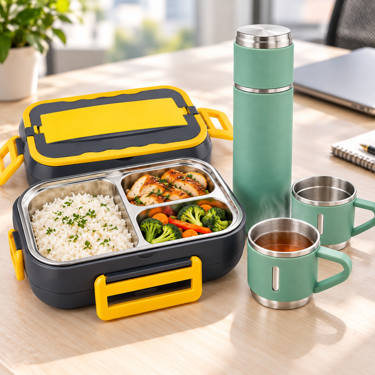 Pachet Prânzul la Serviciu – Cutie de Prânz Electrică 1,5 L, 40W + Termos Inox 500 ml cu 2 Căni