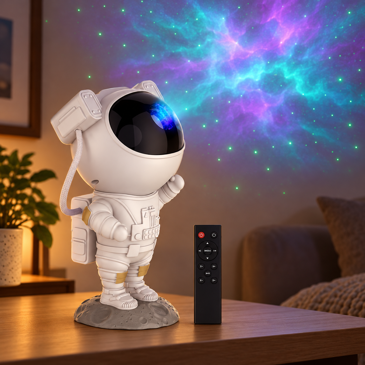Lampă LED cu proiector de stele și galaxii, model astronaut, 8 efecte de nebuloasă, telecomandă, alb