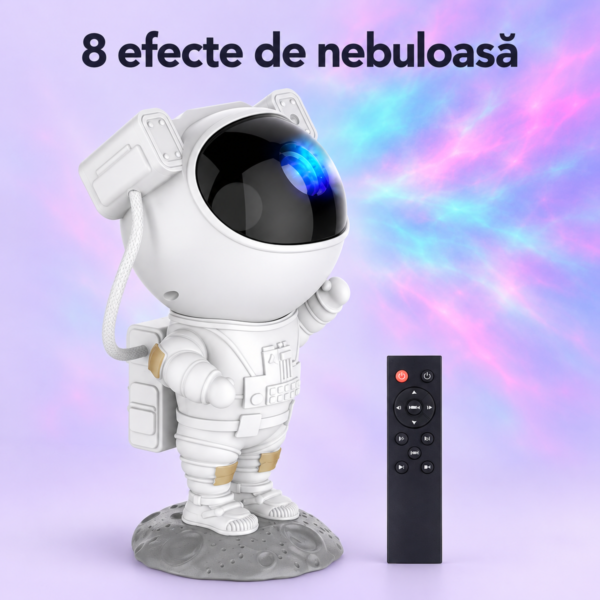 Lampă LED cu proiector de stele și galaxii, model astronaut, 8 efecte de nebuloasă, telecomandă, alb