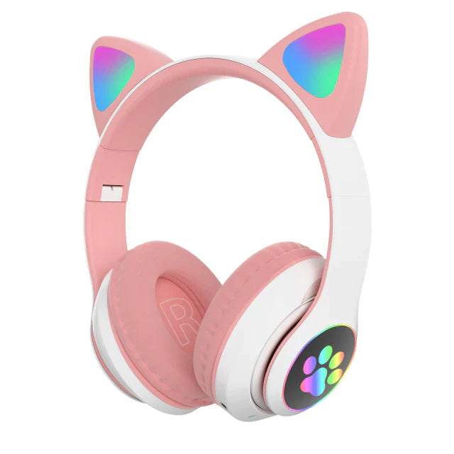 Căști Wireless Bluetooth 5.0 cu Urechi de Pisică LED, Pliabile, Microfon Integrat, Sunet Bass Stereo, pentru Copii