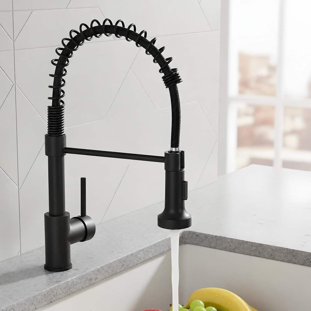 Baterie de bucătărie neagră, cu pipă flexibilă și duș extractabil, 2 moduri de jet, inox, 46 cm