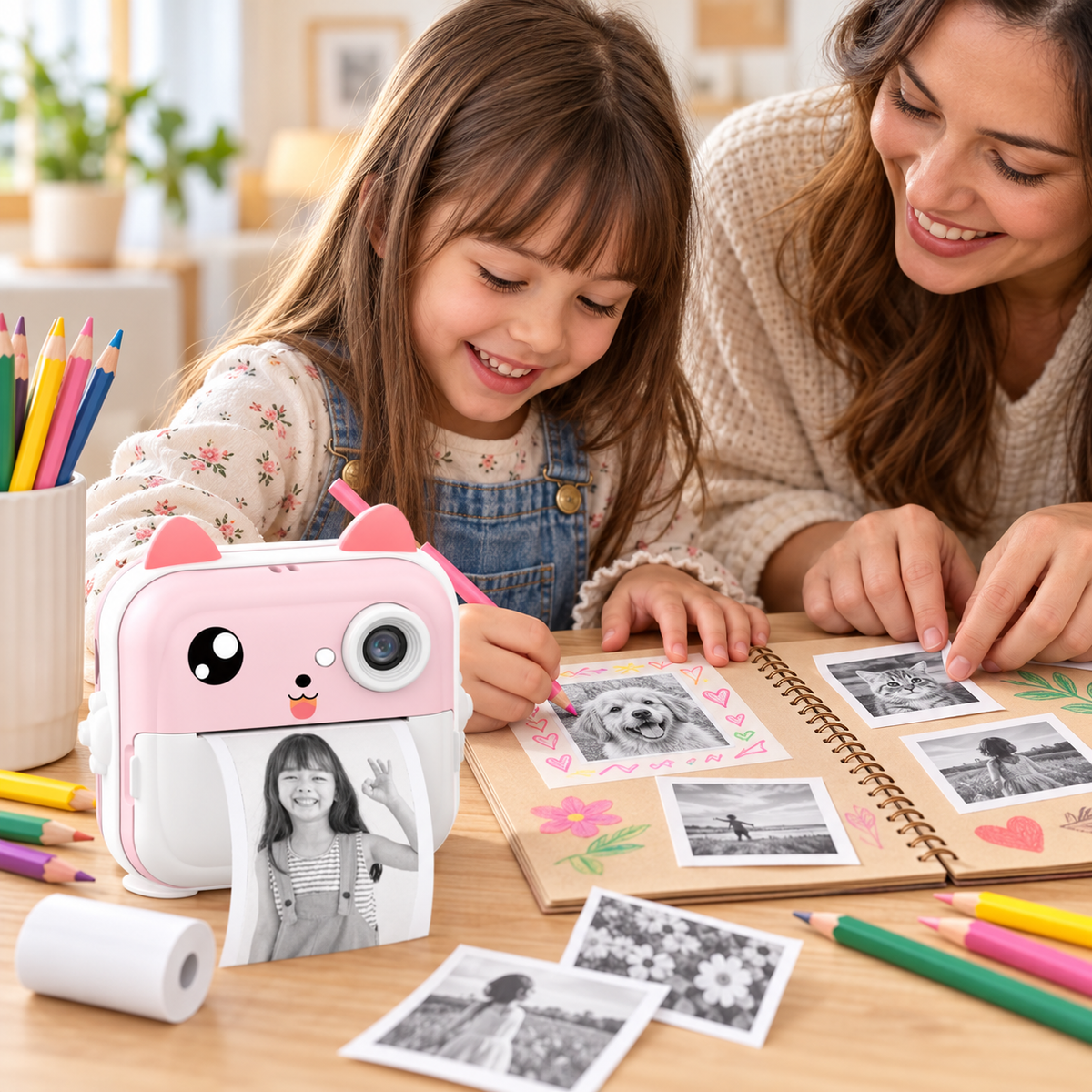 Aparat foto pentru copii Q5, cu imprimare termică instant, ecran 2,4″ și aplicație Fun Print + card de memorie inclus – Roz