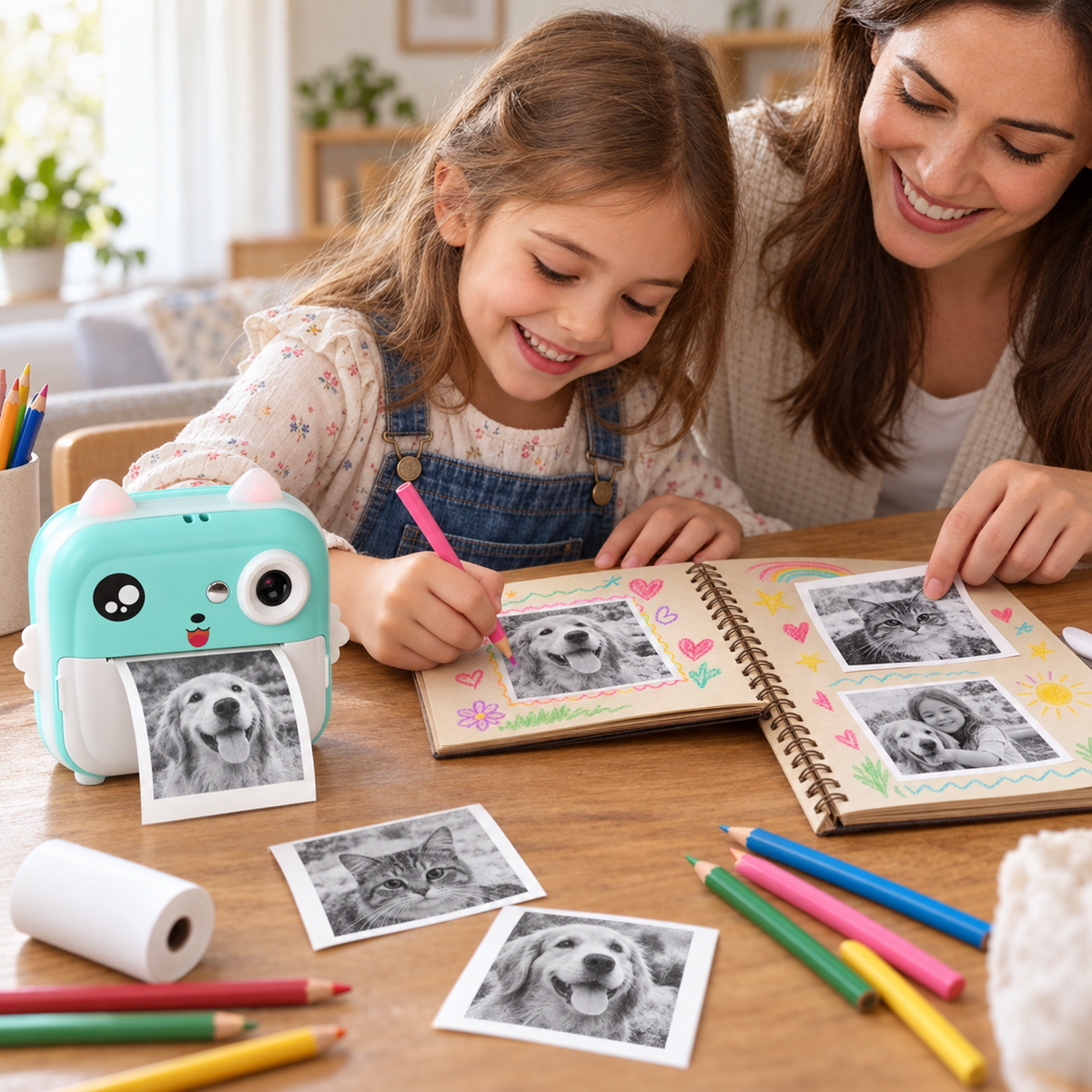 Aparat foto pentru copii Q5, cu imprimare termică instant, ecran 2,4″ și aplicație Fun Print + card de memorie inclus – Albastru
