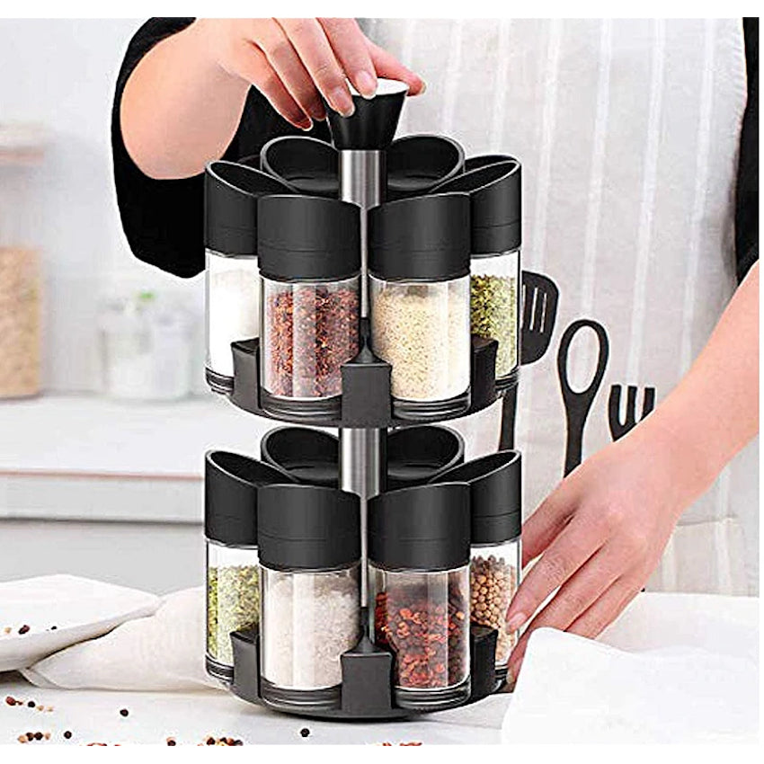 Suport 12 recipiente pentru condimente cu suport rotativ, negru