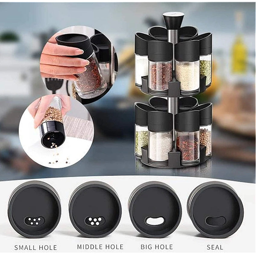 Suport 12 recipiente pentru condimente cu suport rotativ, negru