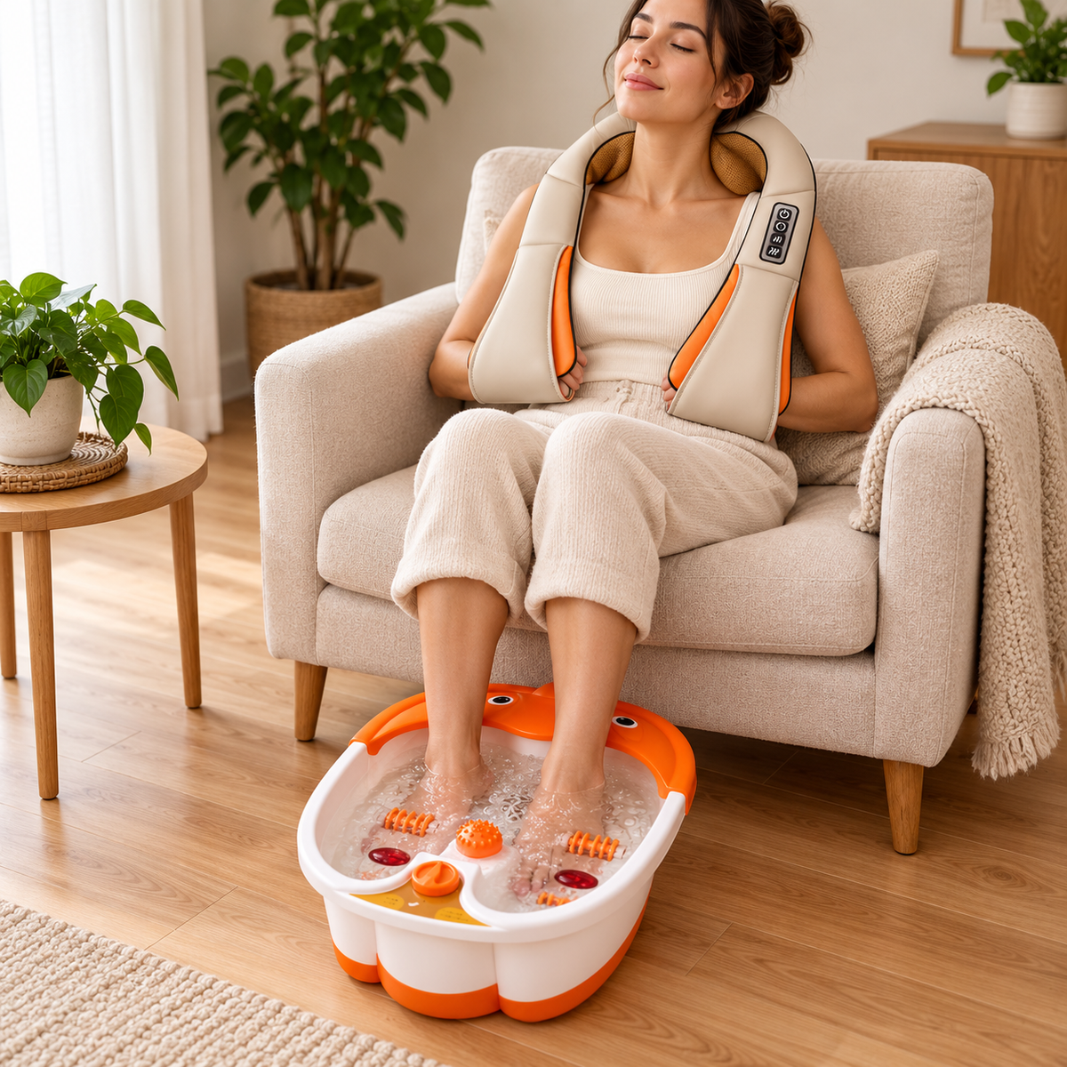 Pachet Relaxare Acasă – Aparat de Masaj Shiatsu 3D pentru Gât, Spate și Corp, cu Încălzire și 3 Intensități + Aparat de Hidromasaj pentru Picioare