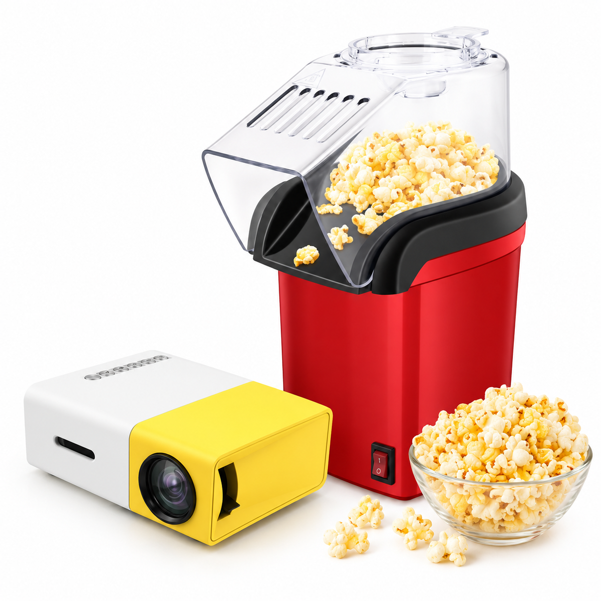 Pachet Seară de Film Acasă – Mini-proiector LED cu HDMI și USB + Aparat de Popcorn cu Aer Cald, Fără Ulei