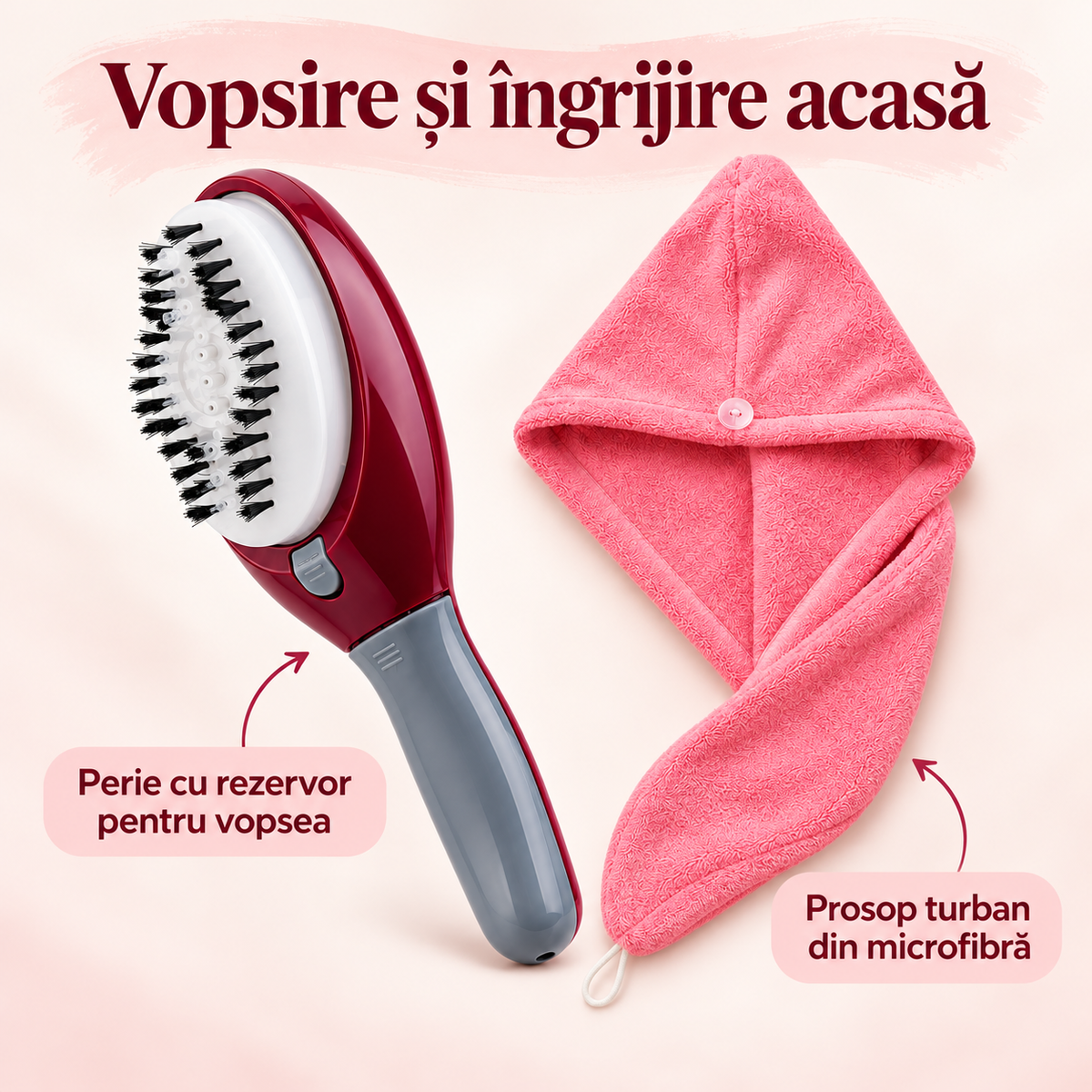 Pachet Vopsire și Îngrijire Acasă – Perie Electrică cu Rezervor pentru Vopsea + Prosop Turban din Microfibră, 60 × 22 cm