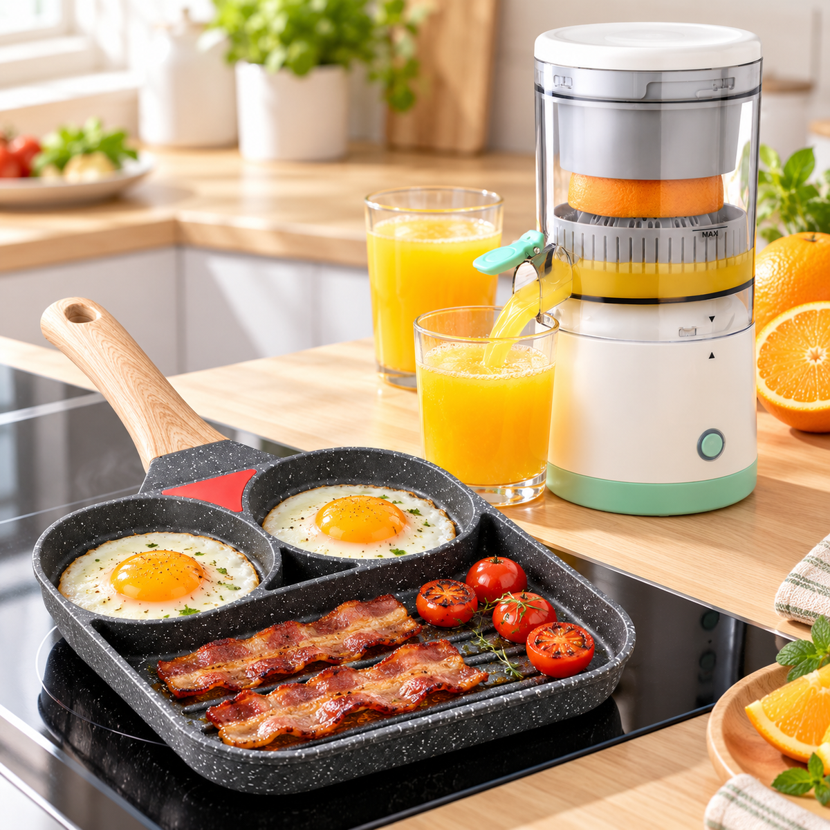 Pachet Micul Dejun în Doi – Tigaie Antiaderentă cu 2 Compartimente și Grill + Storcător Electric Portabil USB 1100 ml