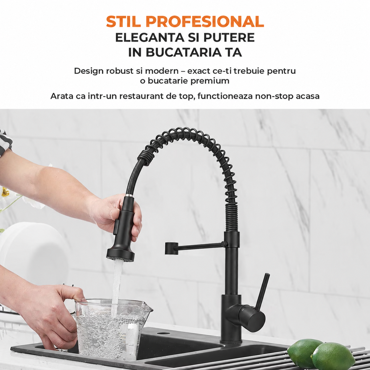 Baterie de bucătărie neagră, cu pipă flexibilă și duș extractabil, 2 moduri de jet, inox, 46 cm