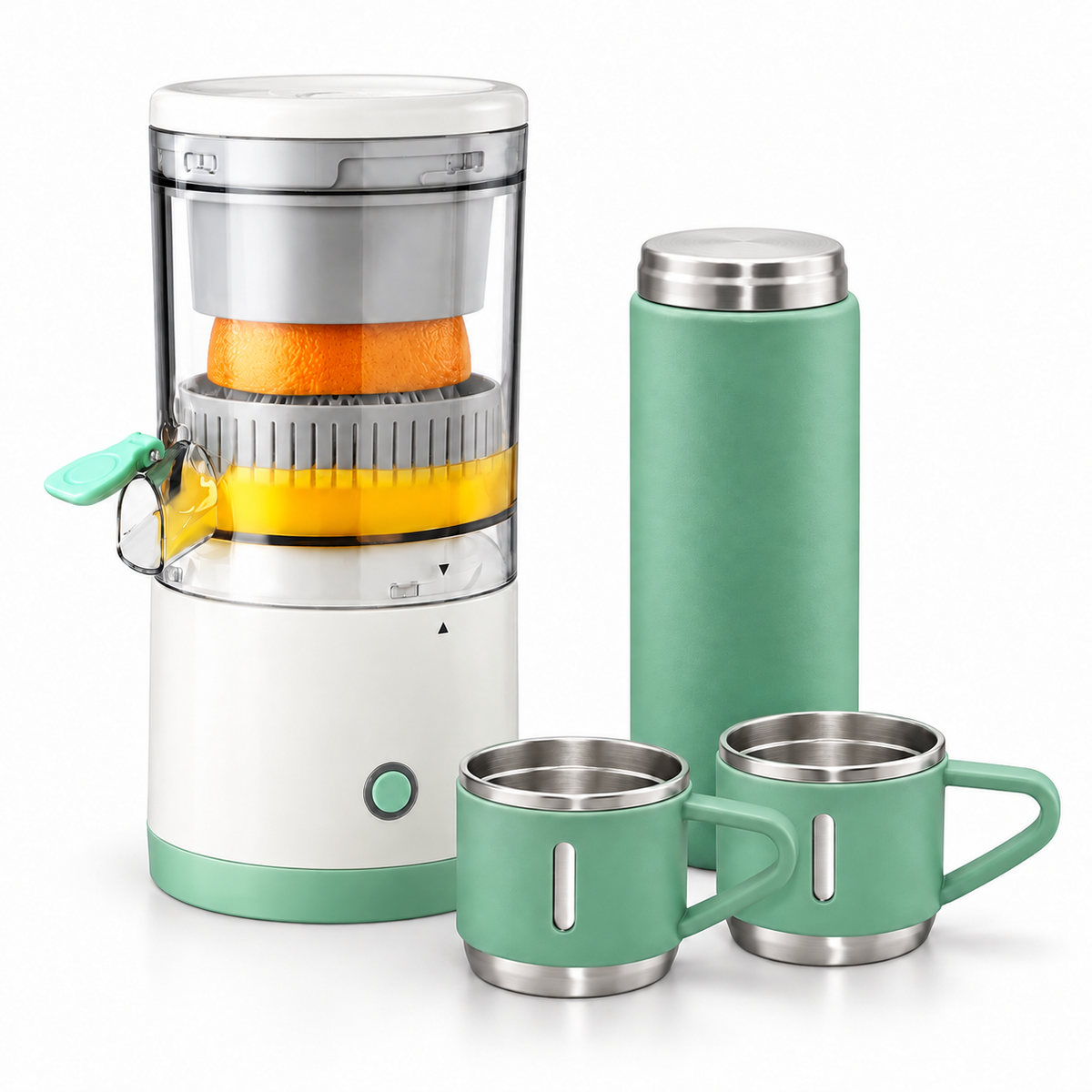 Pachet Suc Proaspăt la Pachet – Storcător Electric Portabil USB 1100 ml + Termos Inox 500 ml cu 2 Căni
