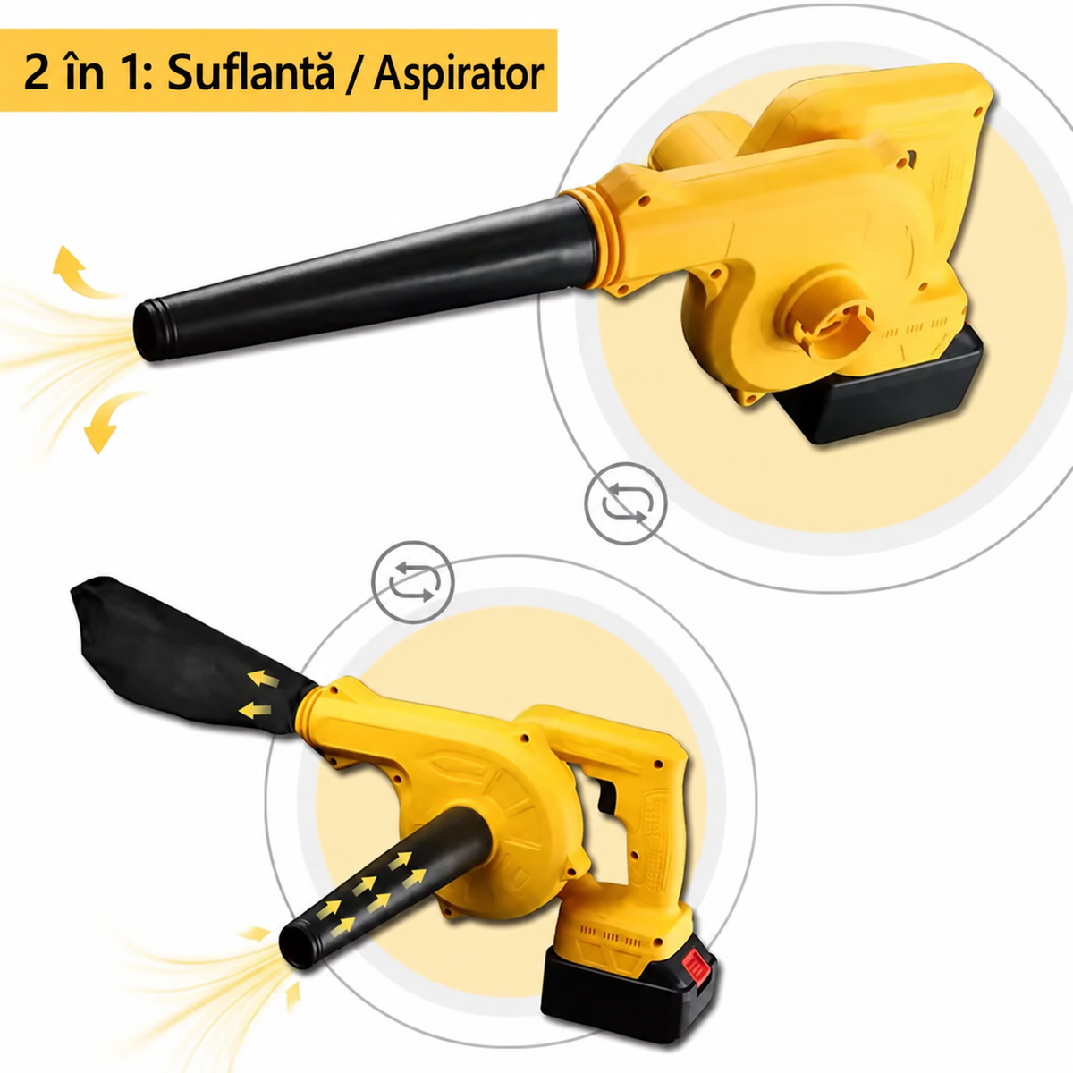 Suflantă și aspirator fără fir 2 în 1, cu 2 acumulatori, încărcător și sac colector