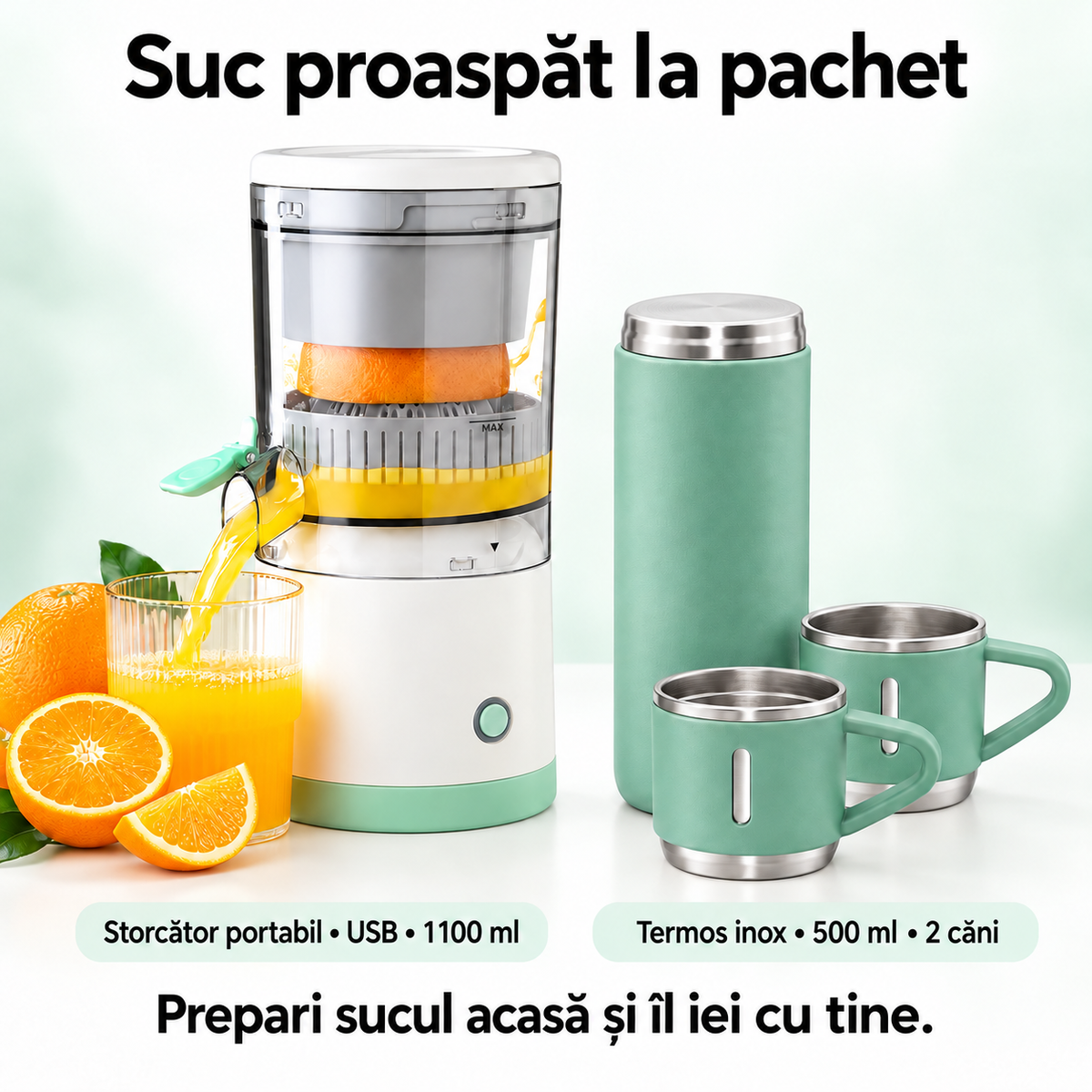 Pachet Suc Proaspăt la Pachet – Storcător Electric Portabil USB 1100 ml + Termos Inox 500 ml cu 2 Căni