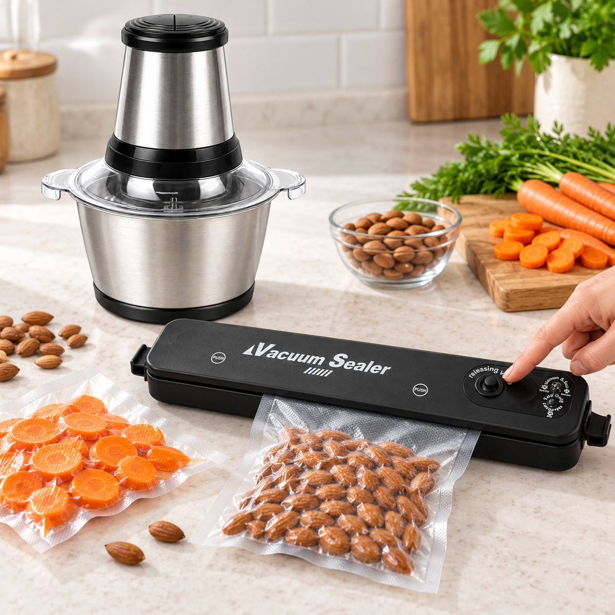 Pachet Pregătire și Păstrare Alimente – Tocător Electric 200W, 3 Lame Inox + Aparat de Vidat și Sigilat 90W, 10 Pungi Incluse